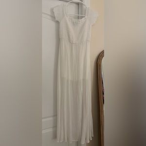 Red dress boutique off the shoulder smocked dress